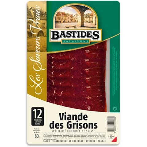 Viandes des grisons barquette 12 tranches - Cured beef (Grisons) x12 slices - Bastides, 80g