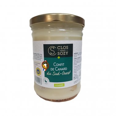 Confit de canard du Sud-Ouest 2 cuisses bocal - Duck confit from South-West France glass jar - Clos Saint Sozy, 600g