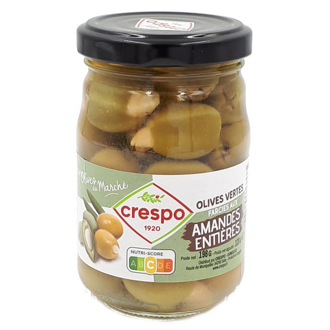 Olives vertes farcies aux amandes bocal - Green olives stuffed with almond glass jar - Crespo, 120g