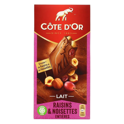 Bloc chocolat au lait, raisins & noisettes entières - Belgian milk chocolate with raisins & hazelnuts - Côte d'Or, 180g
